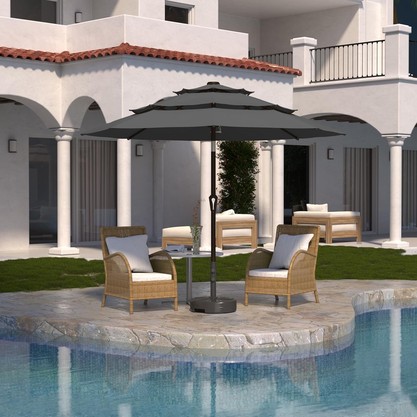 Kingdura 10ft 3-Tier Patio Umbrella, Outdoor Table Umbrella with Easy Crank & Tilt, 8 Reinforced Ribs, UV Protection for Deck, Pool, Market, Backyard (Grey)