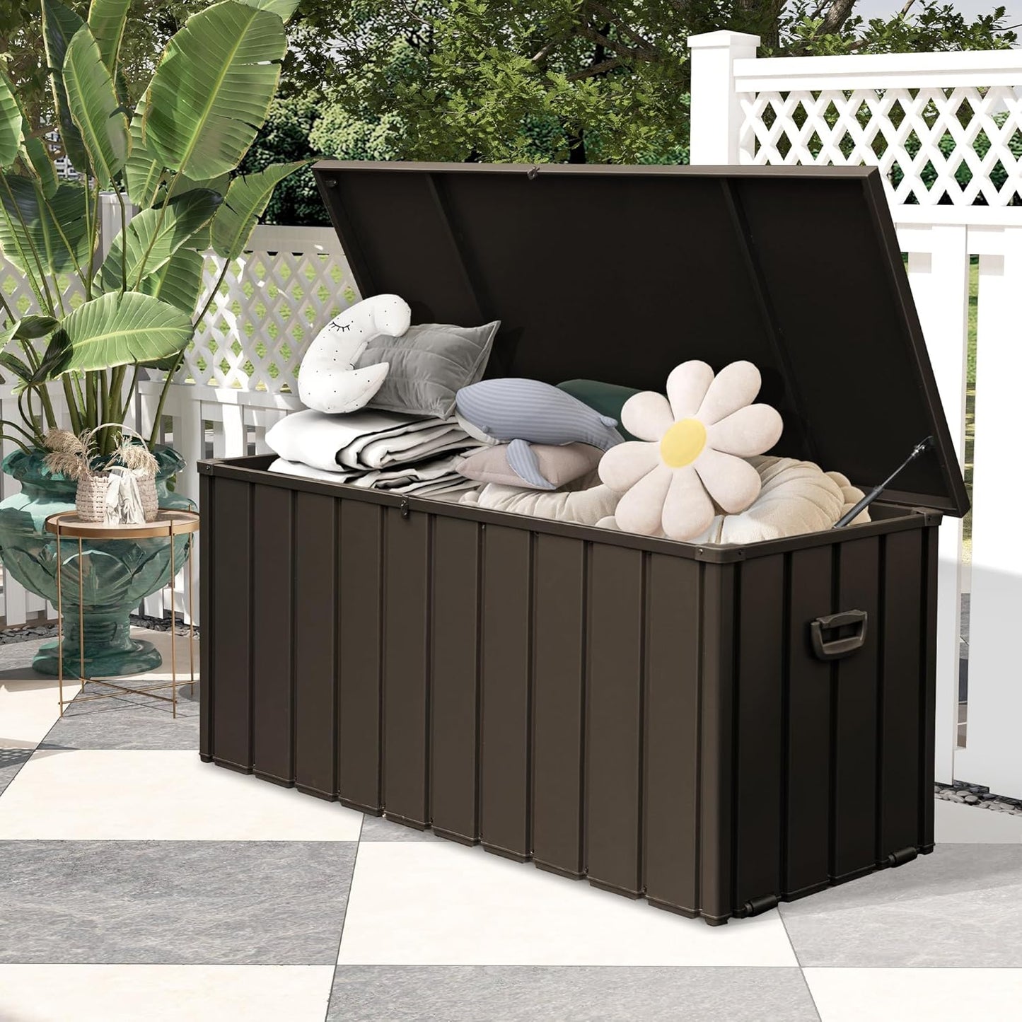 200 Gallon Deck Box, Outdoor Metal Storage Box Waterproof, Large Patio Furniture Storage Cabinet, Lockable Storage Chest for Porch, Pillows, Cushions, Pool, Tools, Backyard -Brown