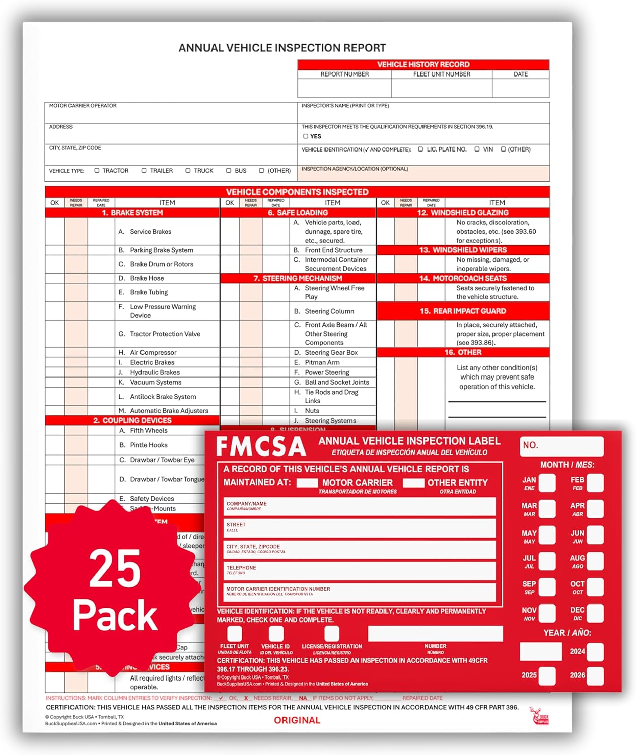 25 Pack Buck 3-Ply Carbonless Annual Vehicle Inspection Report Forms with Red Aluminum FMCSA Adhesive Labels with Punch Boxes, FMCSA & DOT Compliant, Shrinkwrapped Bundle, 8.5" x 11.8" - Made in USA