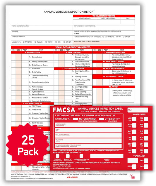 25 Pack Buck 3-Ply Carbonless Annual Vehicle Inspection Report Forms with Red Aluminum FMCSA Adhesive Labels with Punch Boxes, FMCSA & DOT Compliant, Shrinkwrapped Bundle, 8.5" x 11.8" - Made in USA