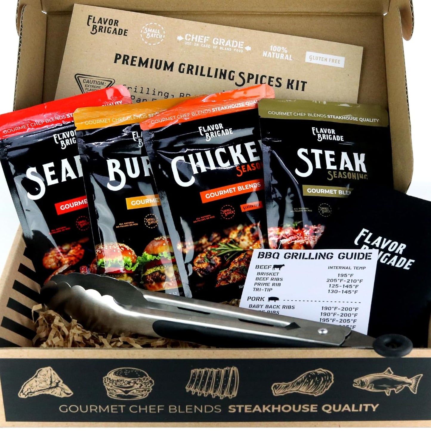 Flavor Brigade Gourmet Grilling Spices Gift Set for Guys, Dad, Men, BBQ Grill Accesories, Smoker, Seasonings, Rub, Steak, Burgers, Chicken, Fish & Stainless Tongs (4 Bags, 7 Piece Set)