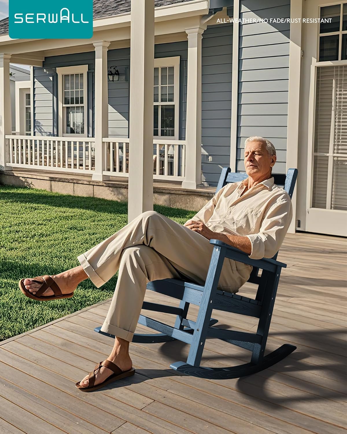 SERWALL HDPE Outdoor Rocking Chair Set of 6, Patio Rocking Chairs for Adults, All Weather Outdoor Rockers for Lawn, Blue