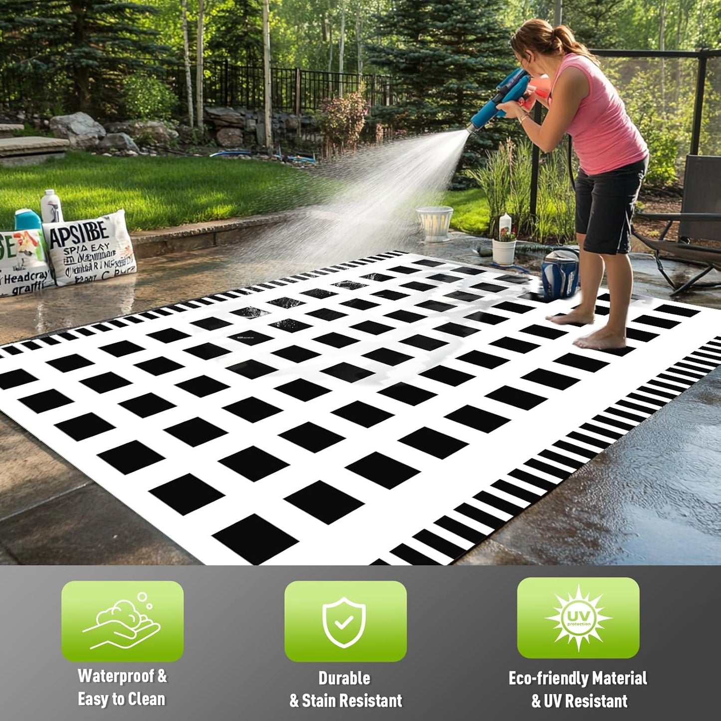 WILDROOTS 5x8 Feet Horizontal Edge Check Plastic Outdoor Rug, Stain Resistant Waterproof Reversible Outdoor Patio Rug, Fade Resistant Camping Rug