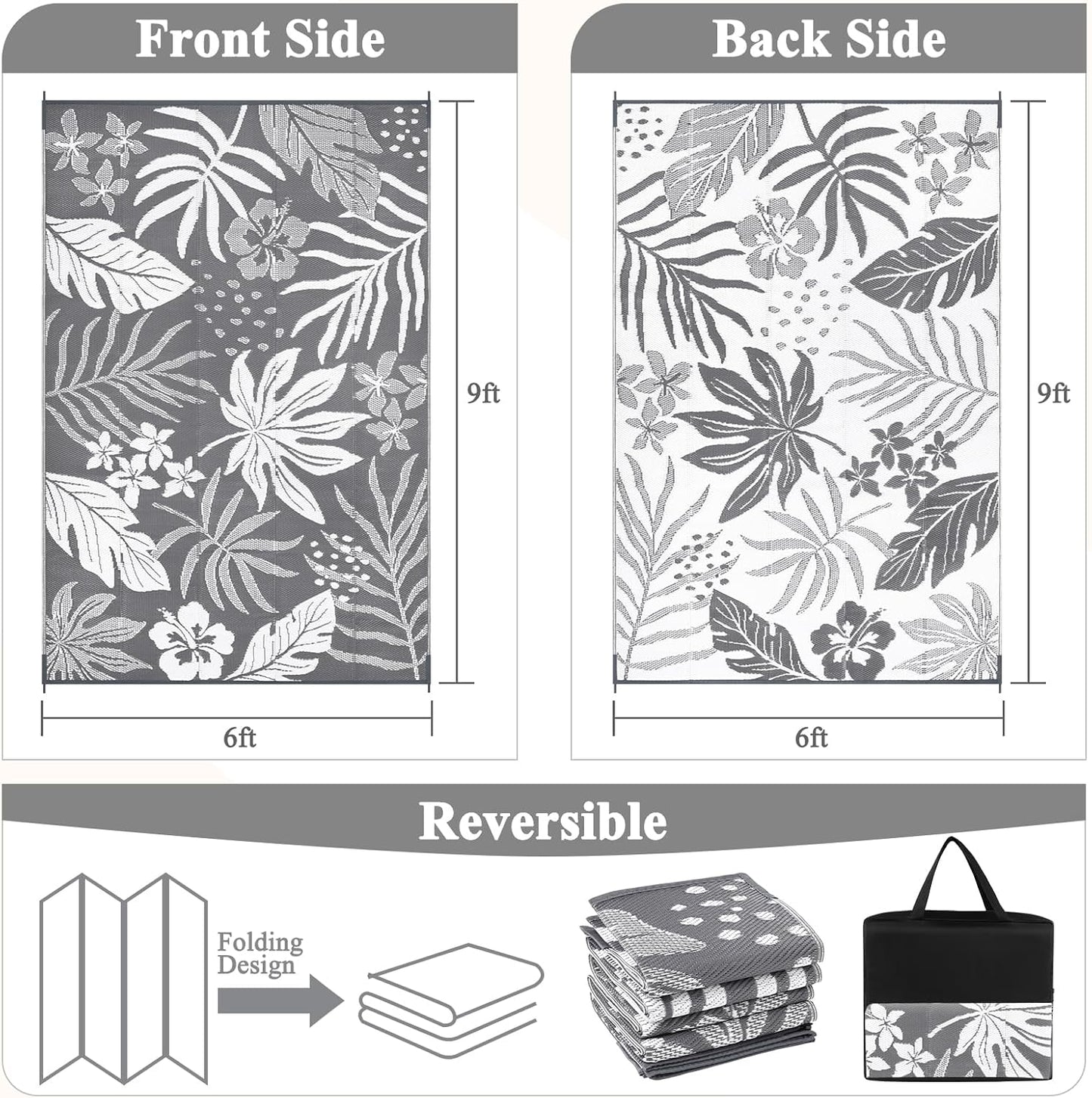 Pauwer Waterproof Outdoor Rug 6x9, Reversible Plastic Straw Patio Camping Rug, Indoor Outdoor RV Mat Carpet for Deck, Camper, Porch, Balcony, Backyard, Picnic, Floral Grey