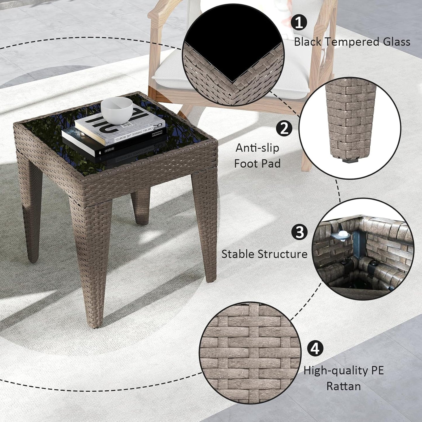 Outdoor Small Patio Table - PE Rattan Coffee Table, Wicker Side Table for Patio, Balcony & Porch, Durable & Iron Frame (1, Rattan Sesame)