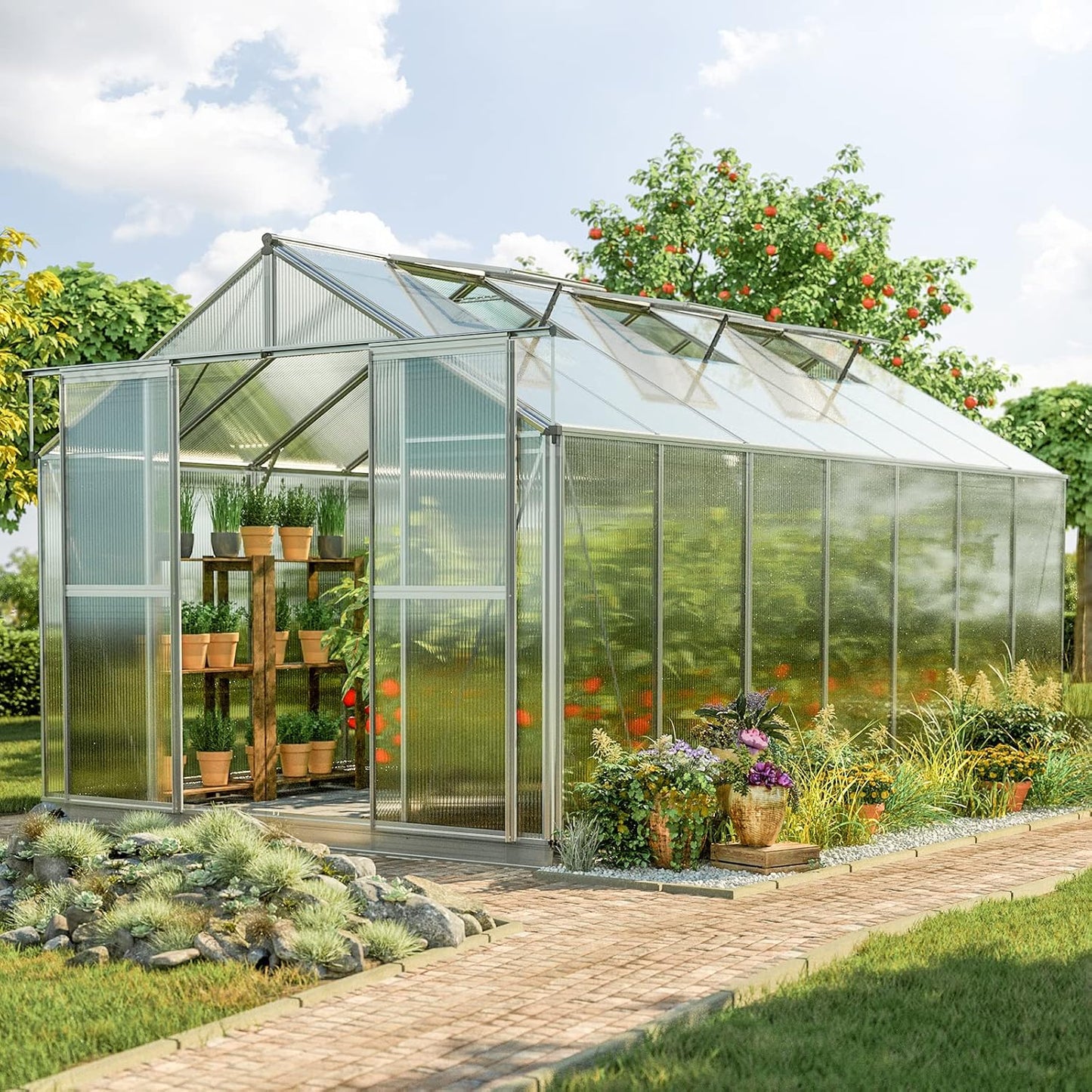 Greenhouse Topas 7 Aluminum Frame 7.4 x 14.7 ft with Approx. 8 mm Polycarbonate Panels - with Bonus Base Frame and Automatic Vent Opener