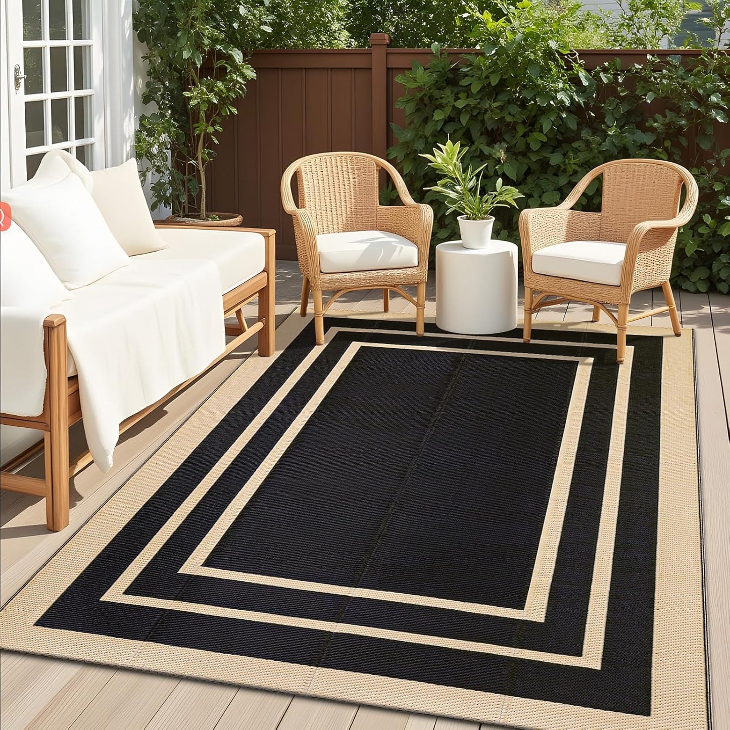OLANLY Outdoor Rug 5x8 ft Waterproof, Reversible Outdoor Plastic Straw Rug, RV Mat, Indoor Outdoor Carpet Clearance for Patio, Camping, Balcony, Deck, Backyard, Black & Beige