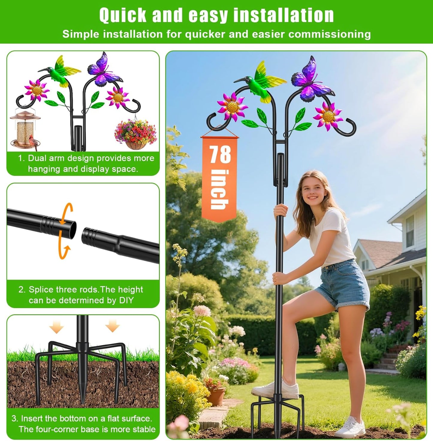 Double Shepherds Hooks for Outdoor, 78 Inch Artistic Hummingbird & Flower Design, 5 - Prong Base, Ideal for Bird Feeders, Baskets & Lanterns (2 Pack)