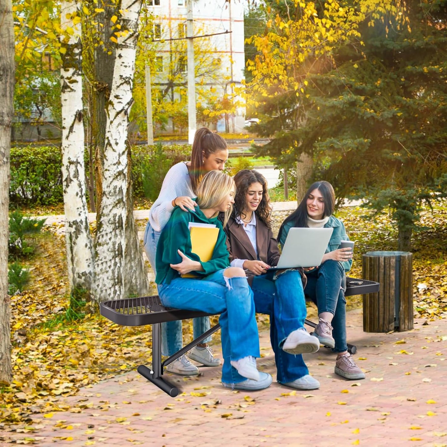 Thermoplastic Coated Iron Park Bench for Outside, Heavy Duty Metal Garden Bench, Expanded Commercial Grade Seating for Shopping Malls, Lawn Yard Porch Entryway (Black without Backrest, 72IN)