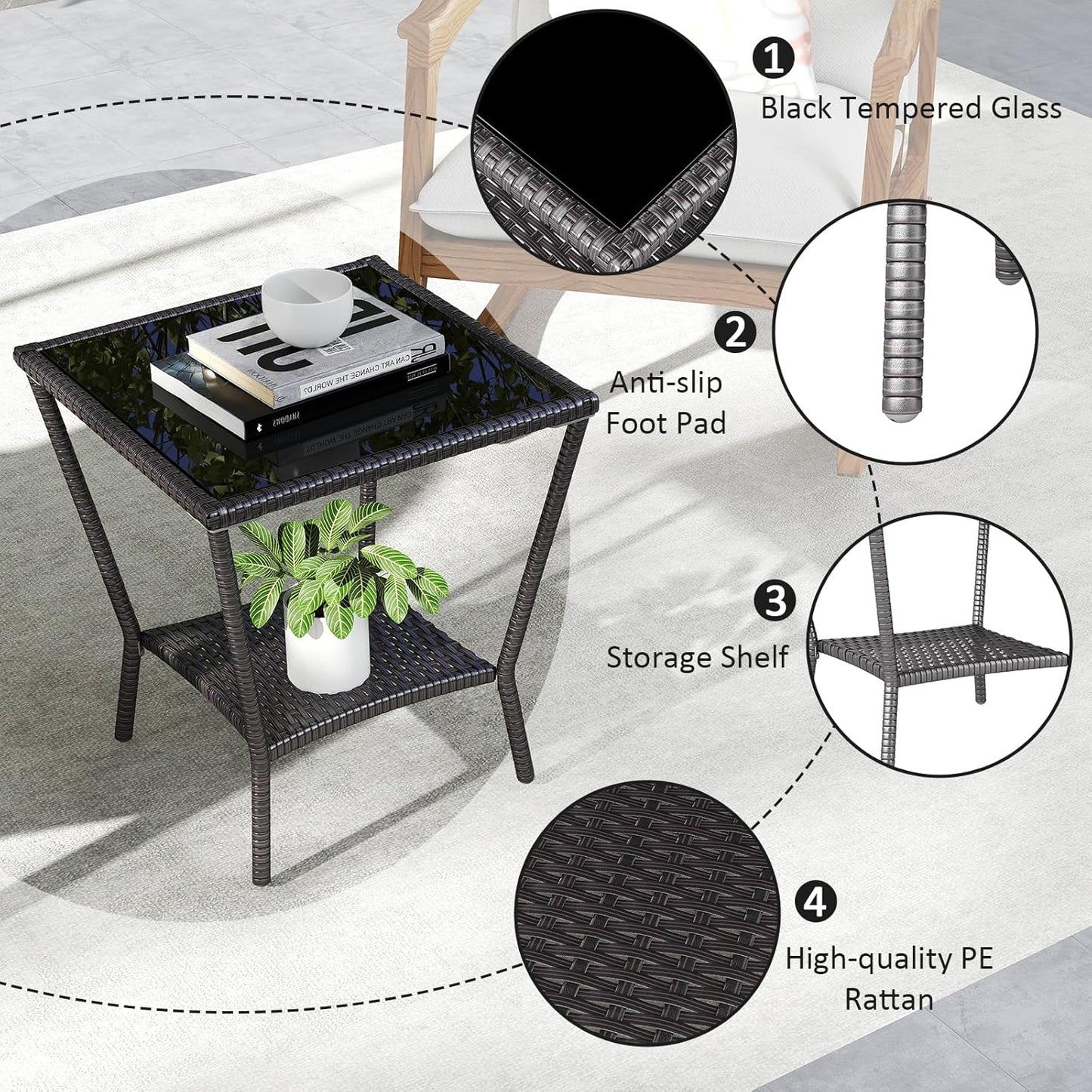 Outdoor Small Patio Table - PE Rattan Coffee Table, Wicker Side Table for Patio, Balcony & Porch, Durable & Iron Frame (2, Black Brown)
