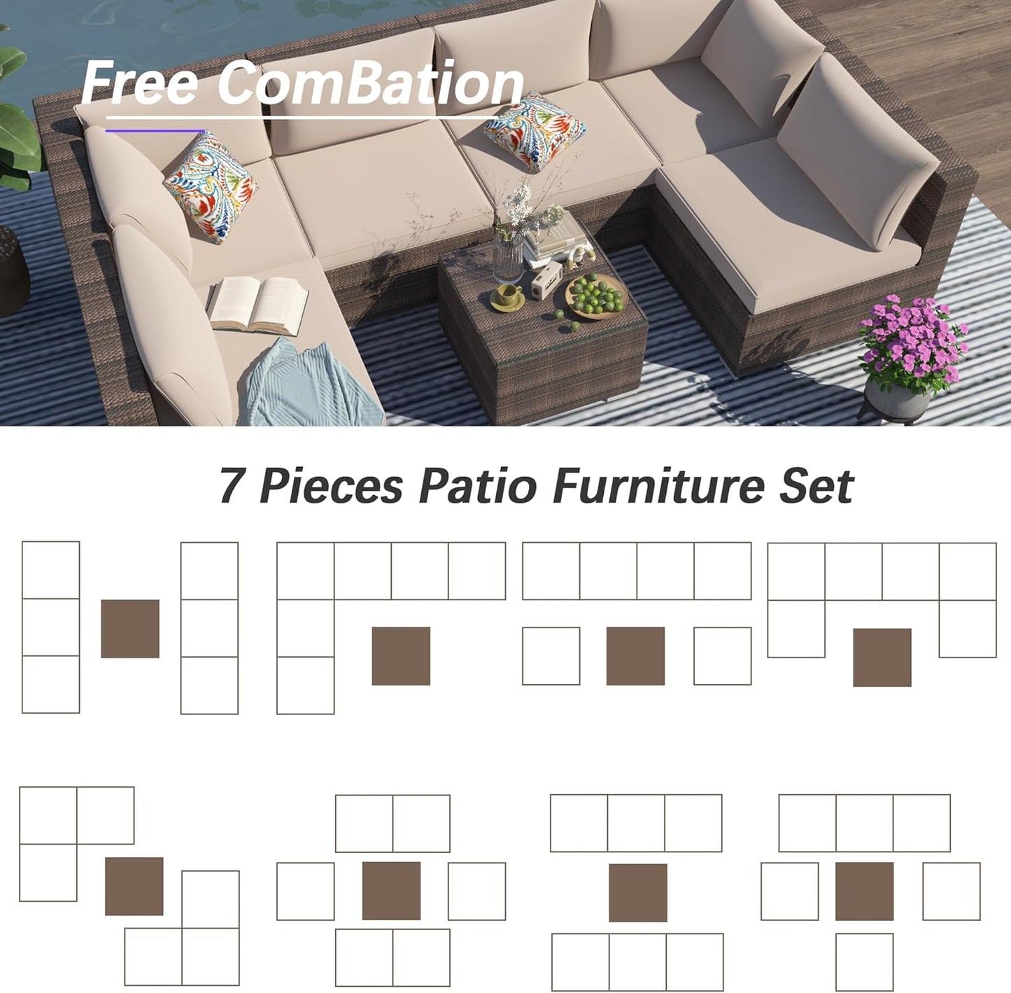 7 Piece Patio Furniture Set, Outdoor Couch Set—All-Weather Outdoor Furniture Sectional w Water Resistant Thick Cushions, Patio Sofa Set w 2 Extra Pillows and Coffee Table, Beige/Brown