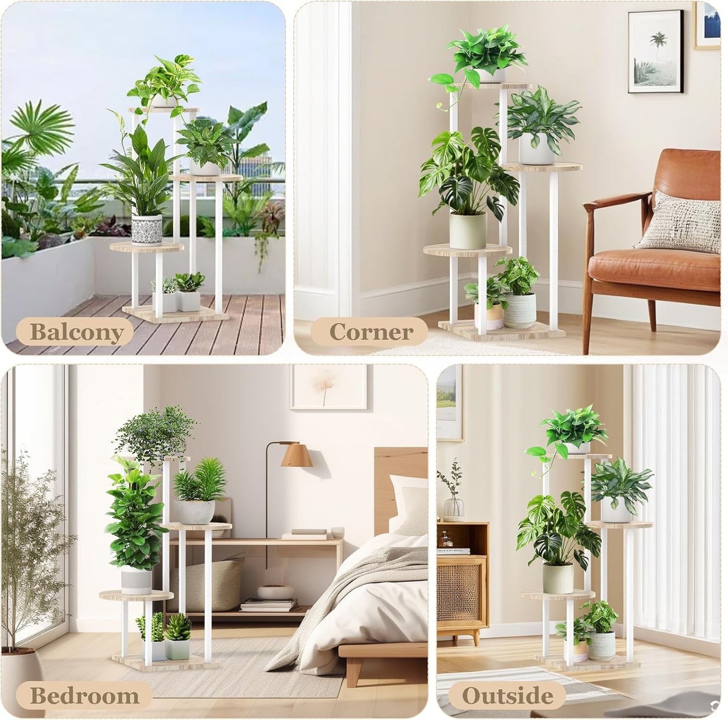 4 Tier White Metal Wooden Tall Plant Stand Indoor Shelf Flower Pot Holder for Multiple Plants, Corner Display Rack for Living Room Balcony Patio Garden