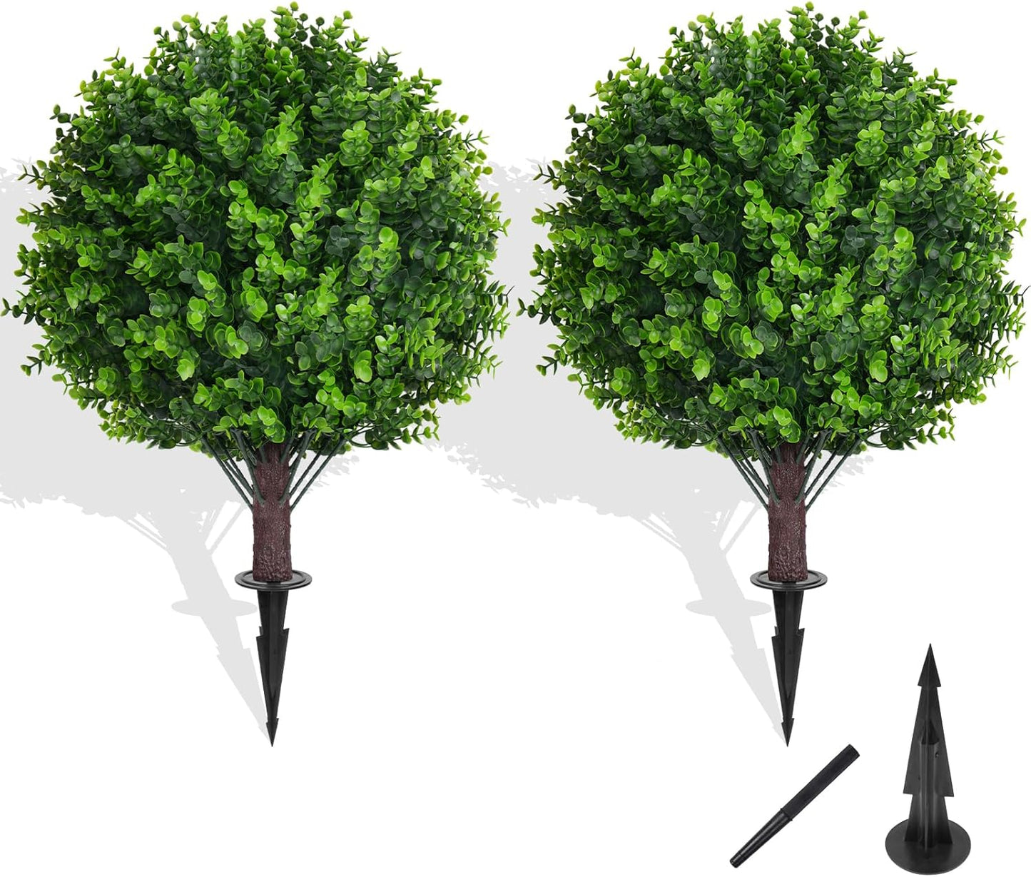 Artificial Topiary Tree with Eucalyptus, Set of 2 Artificial Shrub Bushes with Ground Spike, Fake Evergreen Tree for Porch, Artificial Plants for Outdoor Planters Indoor UV Resistant
