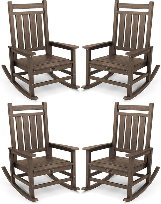 SERWALL Oversized Outdoor Rocking Chair Set of 4, HDPE Rocker for Adults, Patio Rocking Chairs for Porch, Coffee