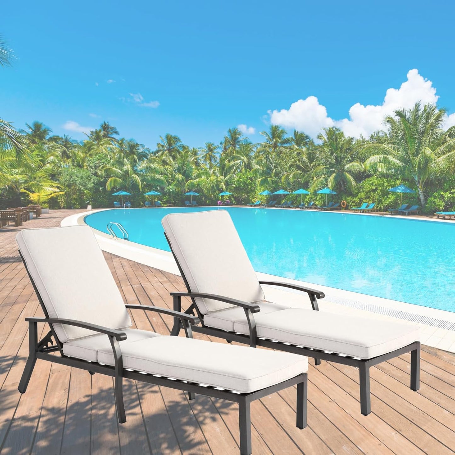 Outdoor Chaise Lounge with 5-Level Adjustable Backrest Set of 2, Durable Aluminum Patio Chair with Waterproof Cushion & Wheels for Garden, Poolside, Beige