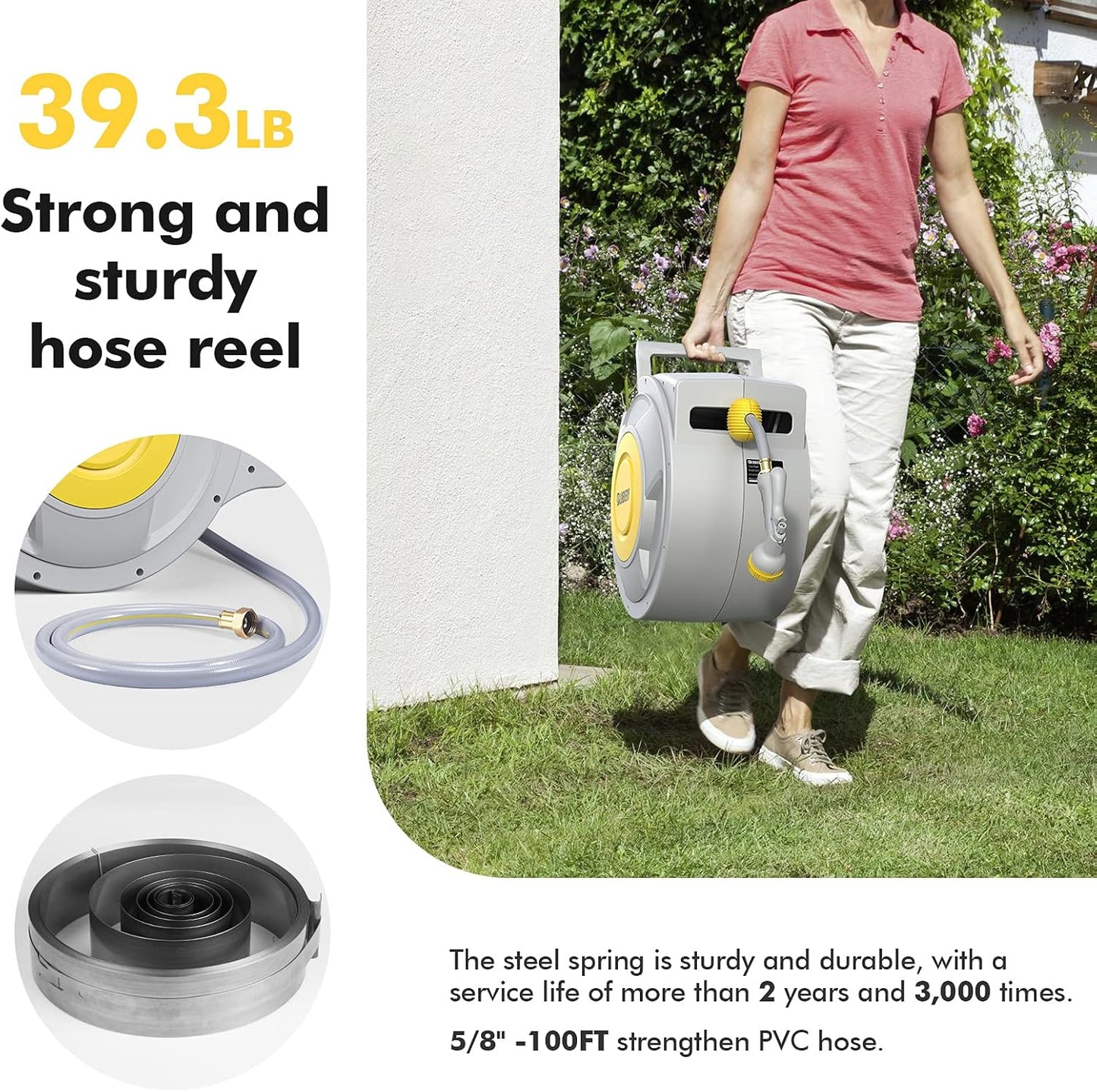 BLUBERY 5/8" x 100+6.7ft Retractable Garden Hose Reel with Slow Return System, Heavy-Duty Wall-Mounted 39.3LB, 10" Handle, 180° Swivel Bracket, Any Length Lock