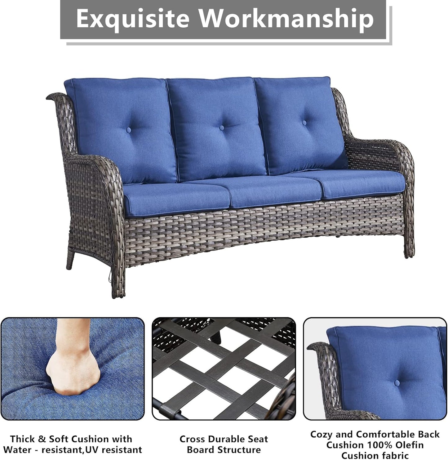 Outdoor Wicker Patio Furniture Set - 6 Piece Rattan Patio Conversation Set with 2 Rocking Swivel Chairs,2 Ottomans,1 Sofa and 1 Coffee Table for Porch Deck Backyard Garden(Mixed Grey/Blue)