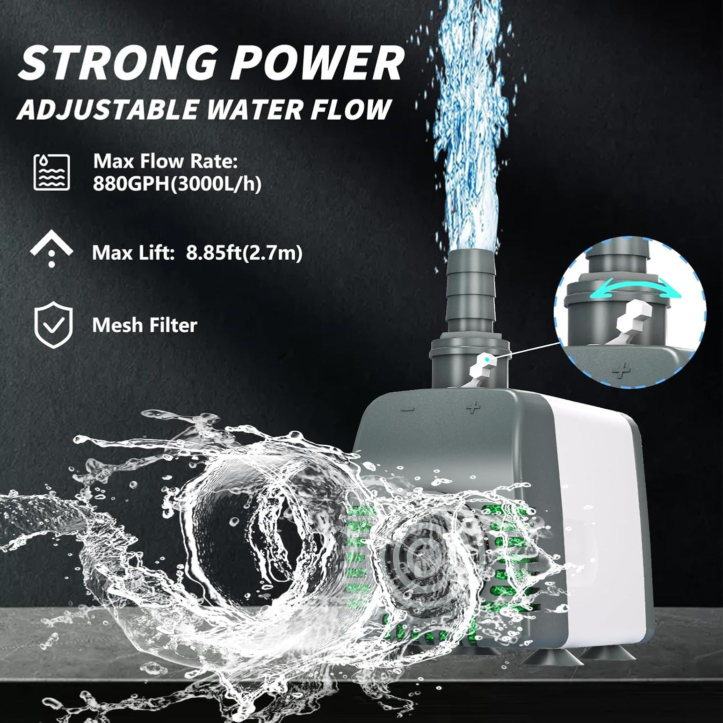 880GPH Submersible Water Pump, Pond Pumps with Over Heating Protection Adjustable Flow Rate Desin 6.5ft High Lift for Fountains, Hydroponics, Ponds, Aquariums & More
