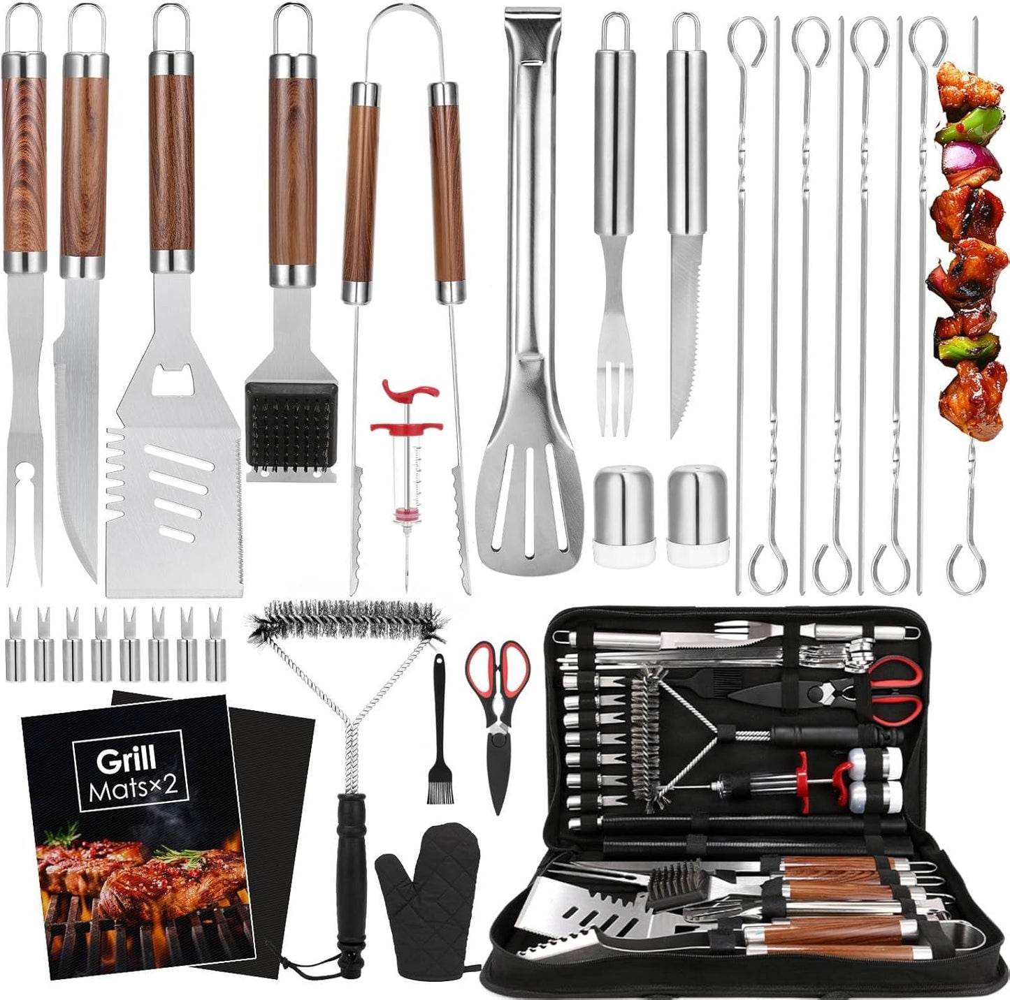 Yoehka BBQ Grilling Accessories Set, 34Pcs Heavy Duty Grill Tools for Outdoor Camping, Grilling Gifts for Men Dad, Stainless Steel Barbecue Utensils Kit with Mats and Glove in Carrying Bag, Brown