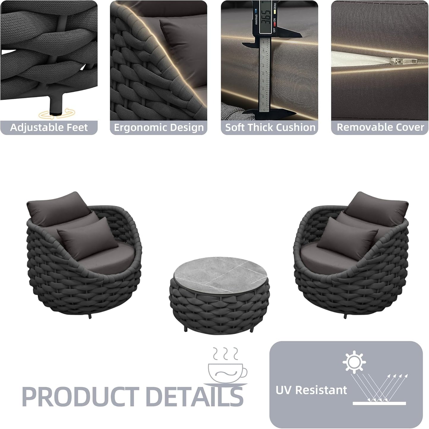 TWT 3 Pieces Aluminum Patio Furniture Set, Hand Woven Textilene Rope Outdoor Sofa Set w/Washable Cushion and Rock Slab Tabletop, Conversation Furniture for Livingroom Poolside Balcony (Dark Grey)