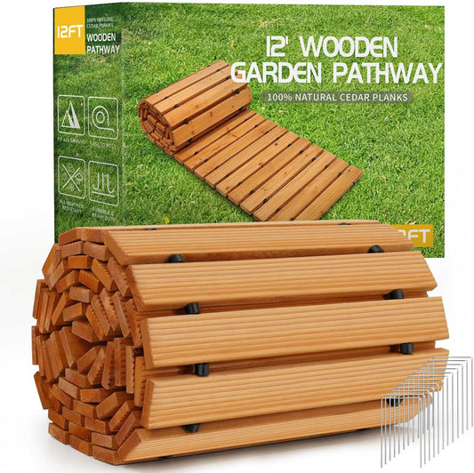 RELIANCER 12' Wooden Garden Pathway,Outdoor Roll Out Cedar Straight Walkway,Patio Path Decorative Garden Boardwalk Walkways,Weather-Resistant Roll Up Beach Wood Road Floor,Wedding Party Pathways