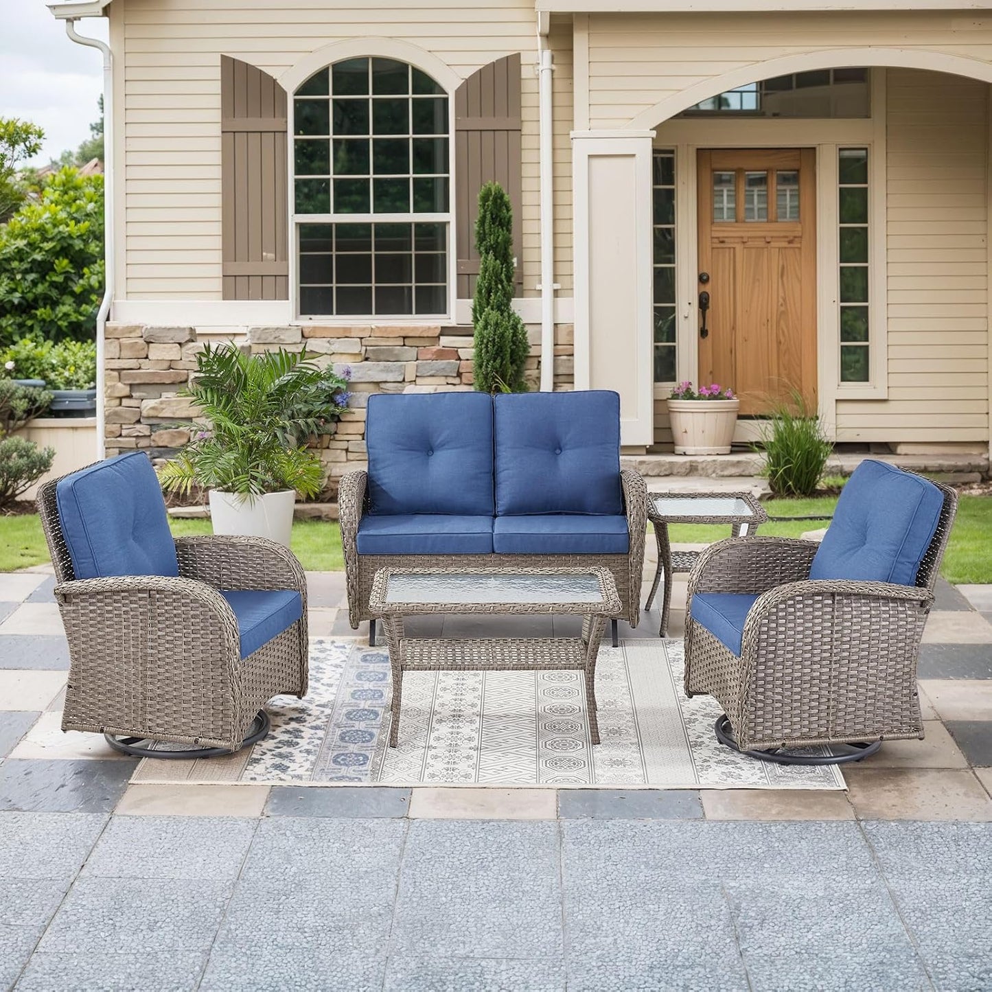 HUMMUH Patio Furniture Wicker Outdoor Furniture Sets High Back Outdoor Glider Bench with Patio Swivel Chairs Patio Conversation Sets for Deck Lawn Porch Balcony Poolside-Grey/Blue