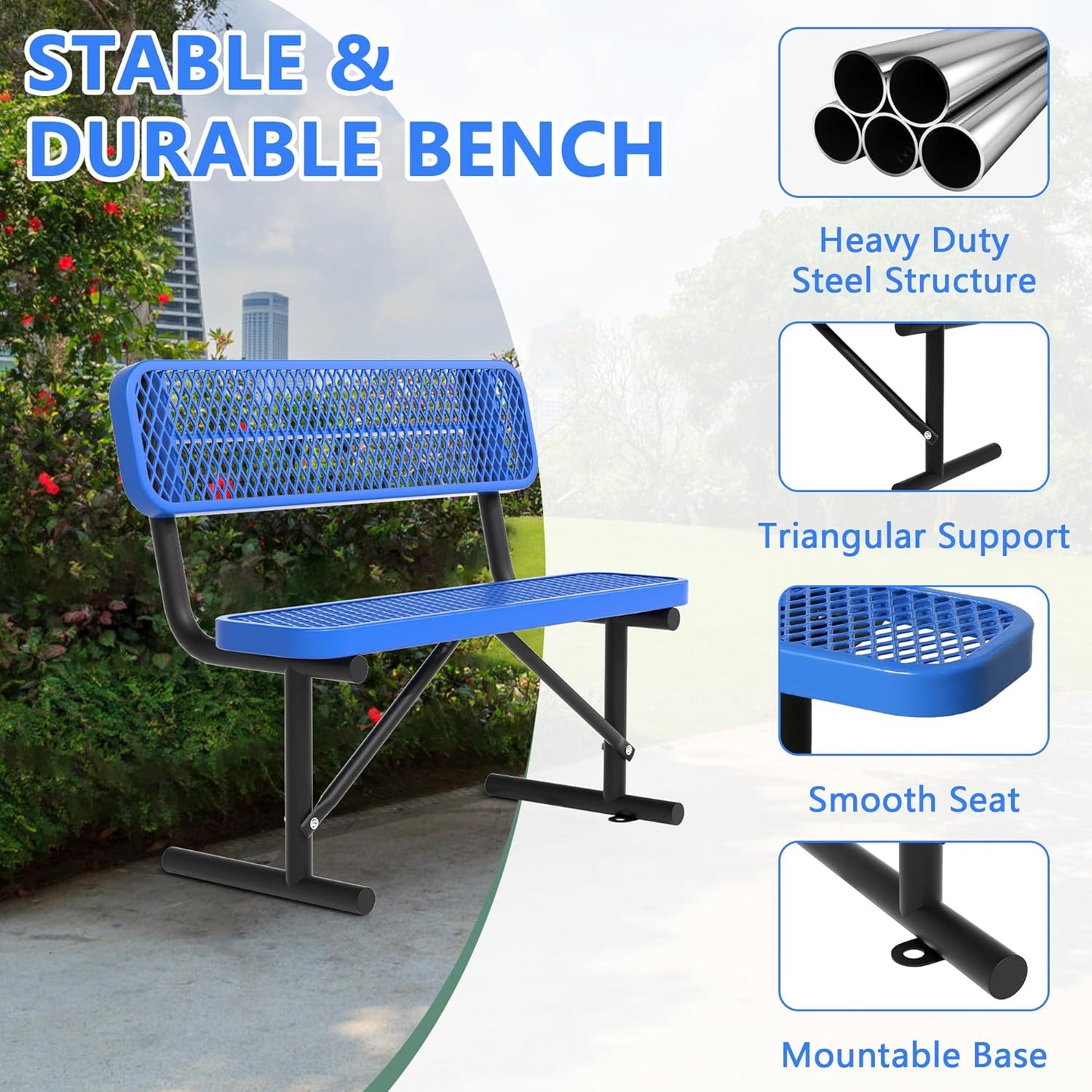 4 Feet Heavy Duty Metal Park Bench for Outside, Outdoor Steel Bench with Backrest & Portable Frame, Commercial Benches for Shopping Malls/Stores/Parks/Patios/Decks/School,Blue