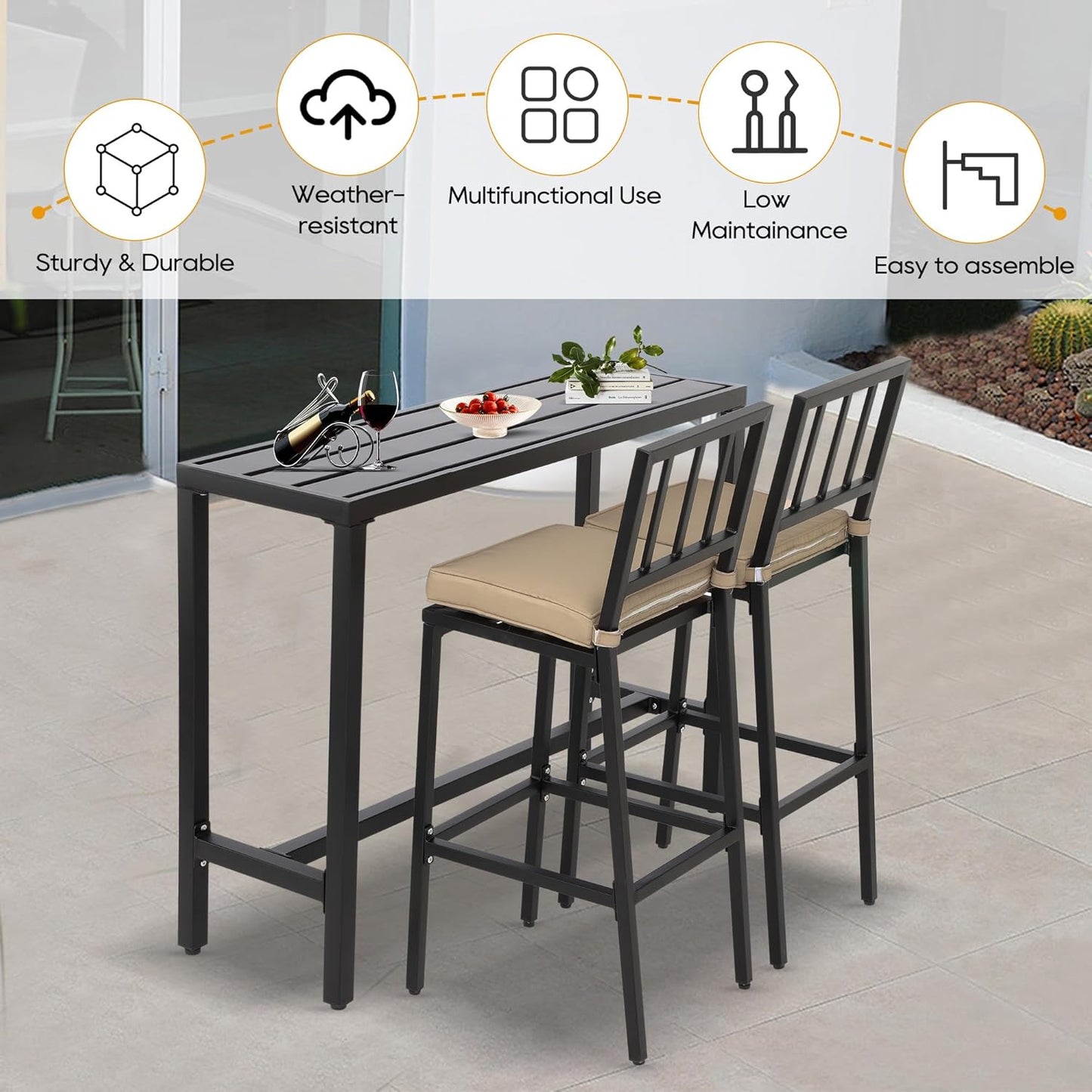 Outdoor Patio Bar Set, Bar Height Patio Dining Set, Weather-Resistant Bistro Counter Pub Set with Cushions & Slatted Tabletop for Backyard, Garden, Yard (47" Table, 2 "I Style Stool, Black)