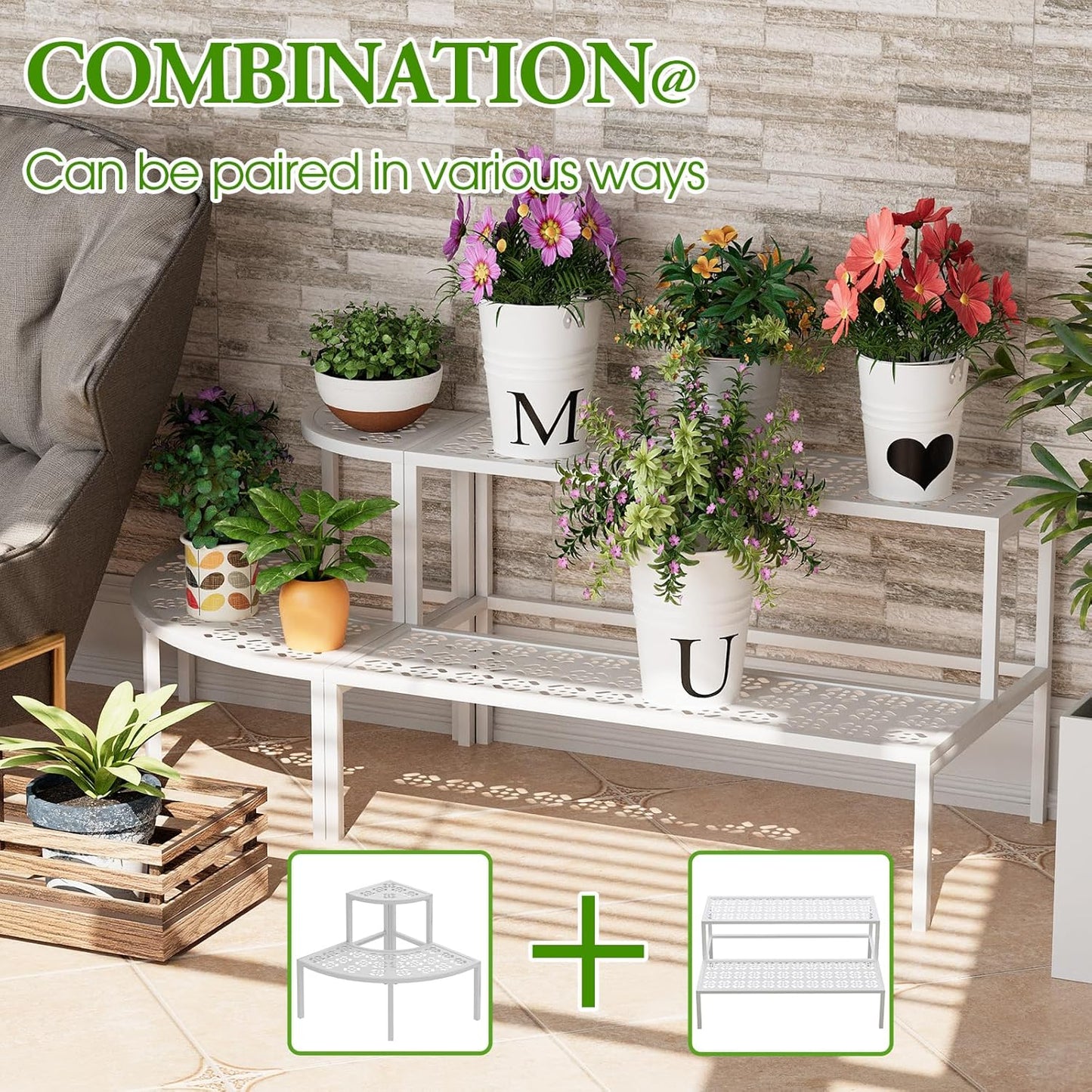 aboxoo 2 Tier Plant Stand Flower Pot Rack for Patio,Heavy Duty Metal Stair-Step Style Corner Shelf Planters, Quarter Round Display Holder for Indoor Outdoor Use(White, Semicircle)