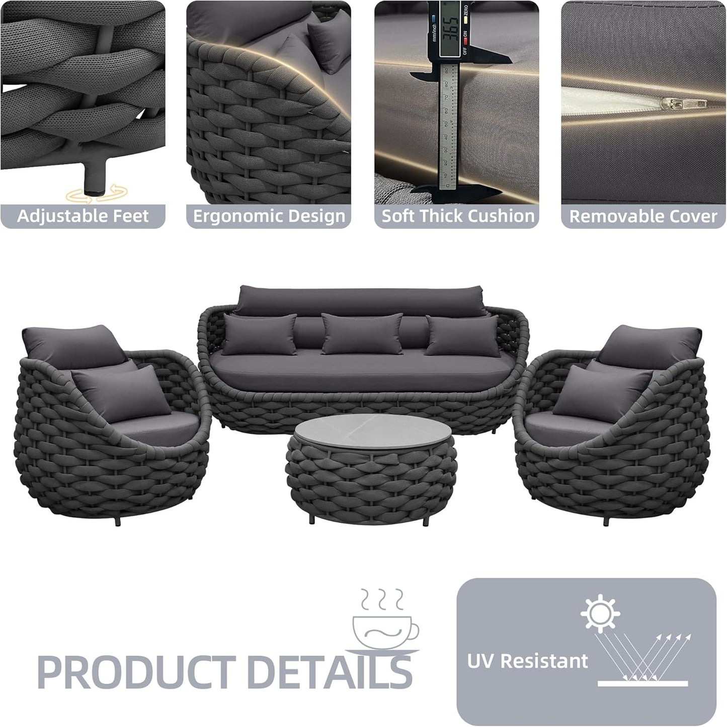 6-Piece Aluminum Patio Furniture Set, Modern Outdoor Conversation Set Sectional Sofa with Water Repellent Thick Cushions and Coffee Table for Balcony, Garden