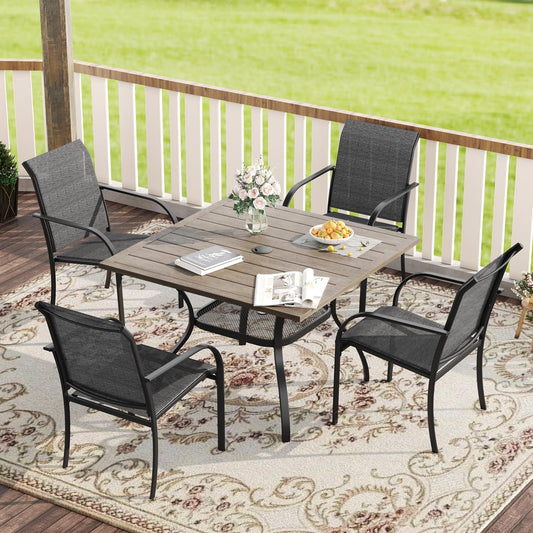 VICLLAX 5 Pieces Patio Dining Set, Outdoor Furniture Set Includes 1 Square Outdoor Table and 4 Stackable Patio Sling Chairs, Grey Wood Grain Tabletop and Grey Fabric