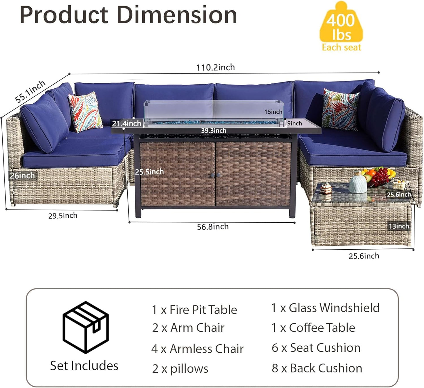 25-Pc Patio Furniture Set - 7 Piece Outdoor Rattan Sofa Set with 57" Fire Table and 17 Accessories, Modular Sofa Set for Garden/Poolside, Navy Blue/Grey