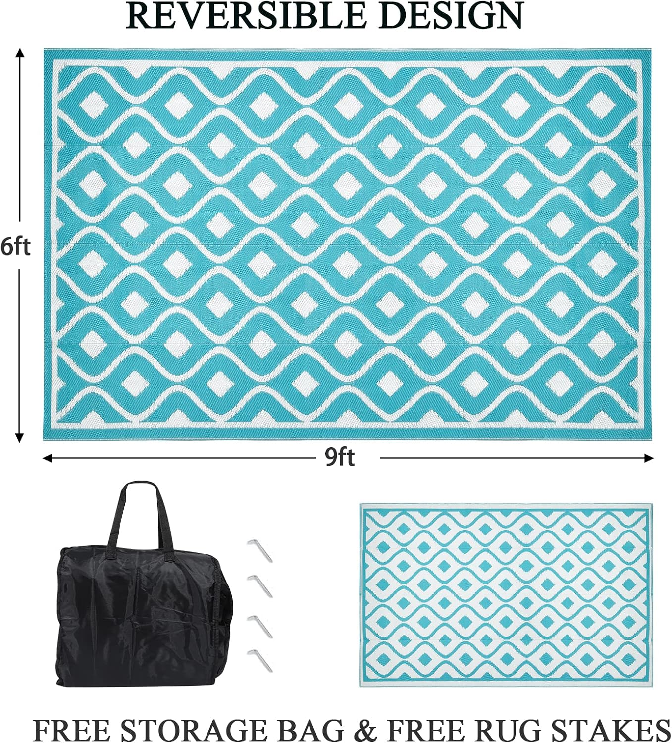 Pauwer Waterproof Outdoor Rug 6x9, Reversible Plastic Straw Patio Camping Rug, Indoor Outdoor RV Mat Carpet for Deck, Camper, Porch, Balcony, Backyard, Picnic, Geometric Teal