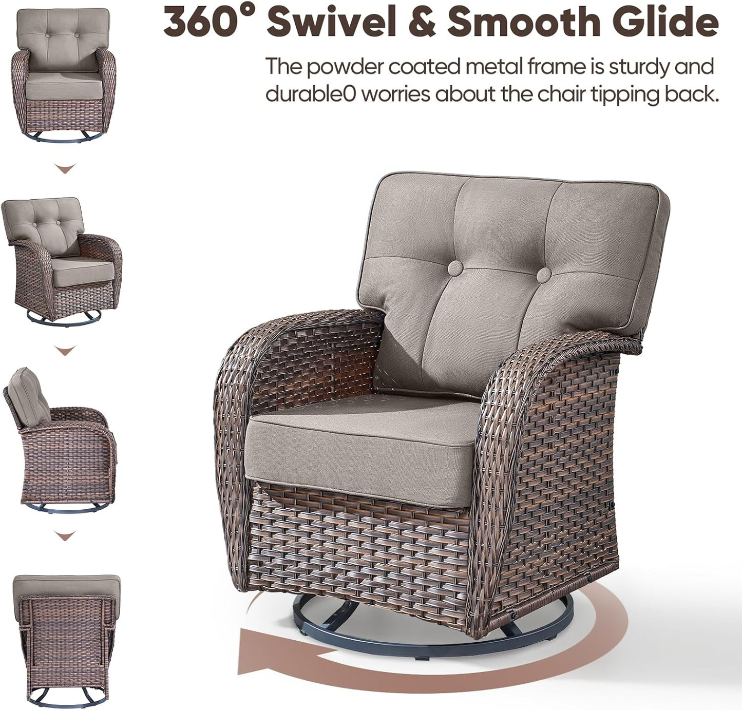 4-Piece Rotating Balcony Chair Set with 31-inch T-Shaped Wide backrest - Rattan Outdoor Rotating Balcony Chairs, Wide backrest Comfortable Outdoor Sliding Chair - Brown | Grey