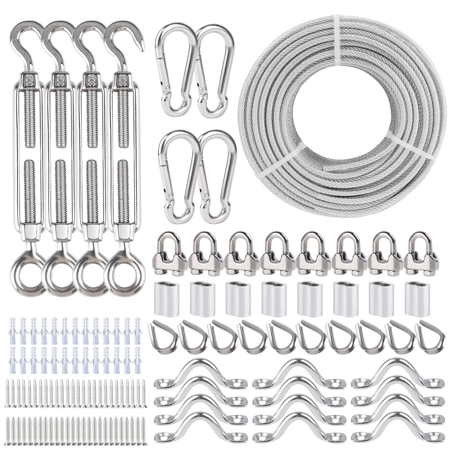 304 Stainless Steel Turnbuckles for Cables Wire Kit, 3/16" Wire Rope w/ 7×7 Strands 200 Ft PVC Coated Steel Cable for Railing System Kit, Garden Cable Trellis, String Light Hanging