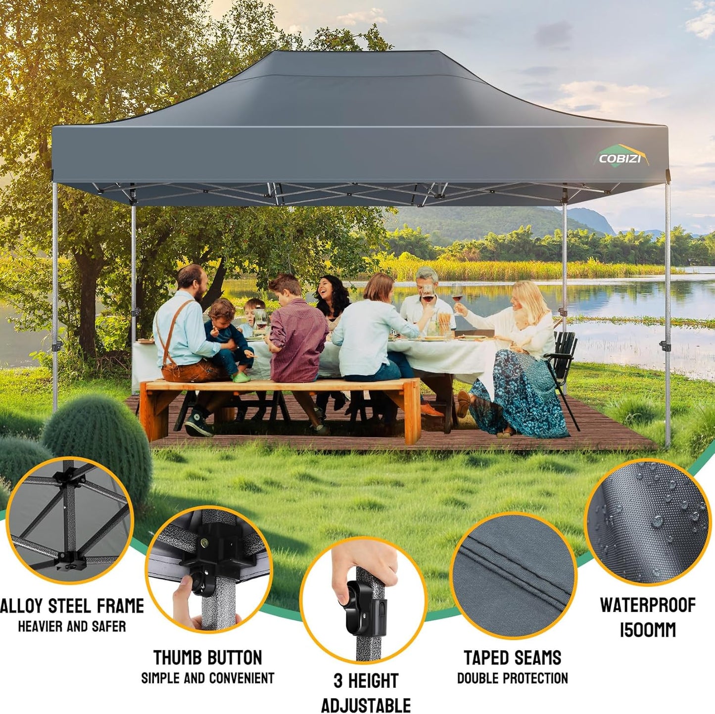 COBIZI 10x15 Pop up Canopy Heavy Duty with 4 Sidewalls, Easy Set-up Commercial Outdoor Party Canopy, 100% Waterproof Wedding Gazebo, 3 Height Adjustable with Handbag, Gray