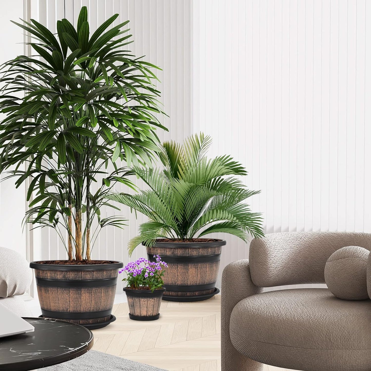 Quarut Plant Pots Set of 3 Pack 9 inch,Whiskey Barrel Planters with Drainage Holes & Saucer.Plastic Decor Flower Pots Imitation Wine Barrel Design,for Indoor & Outdoor Garden Home Plants (Brown)