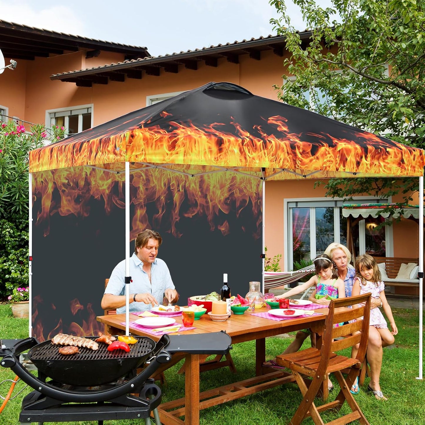 EAGLE PEAK Pop Up Canopy Tent with 1 Sidewall, Easy Setup Event Tent, Outdoor Sun Shade, Wheeled Carry Bag, Stakes and Guy Ropes, Instant Canopy 10x10, Flame