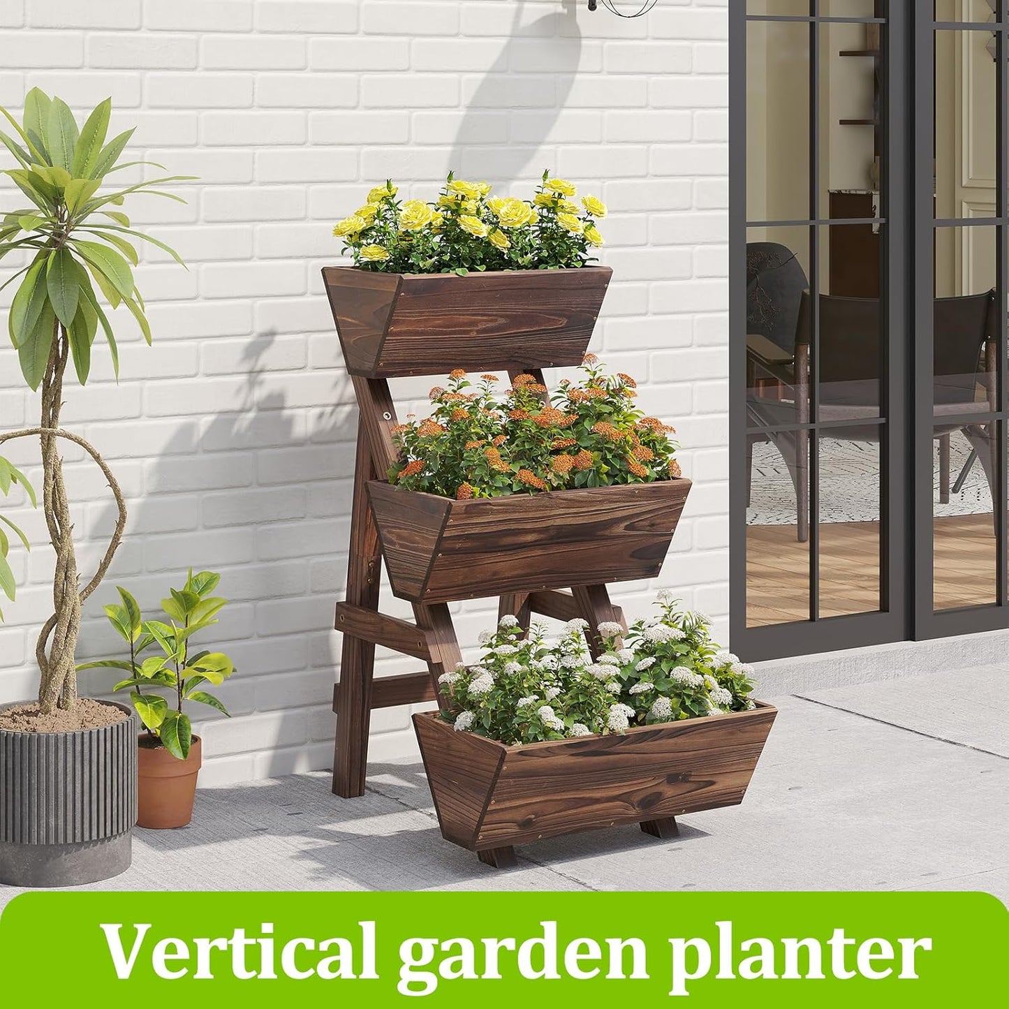 3-Tiers Wooden Raised Garden Bed Tiered Planter Box Vertical Garden Planter Wood Plant Stand for Patio, Balcony, Freestanding (Carbonized S)