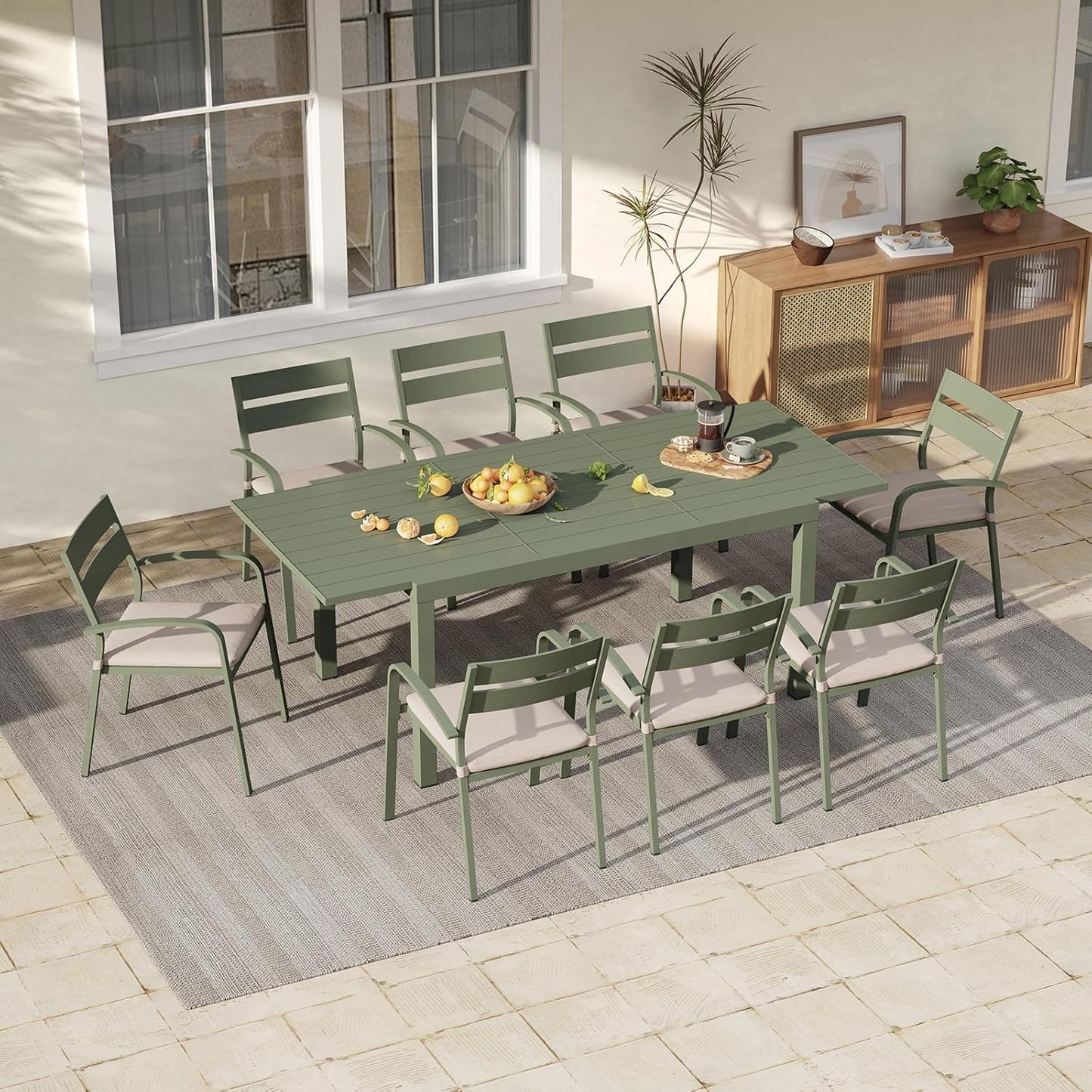 Soleil Jardin Aluminum Patio Extendable Dining Table, 59" - 83", Adjustable Indoor Outdoor Furniture Rectangle Table for 6-8 Person Porch Deck Garden, Green