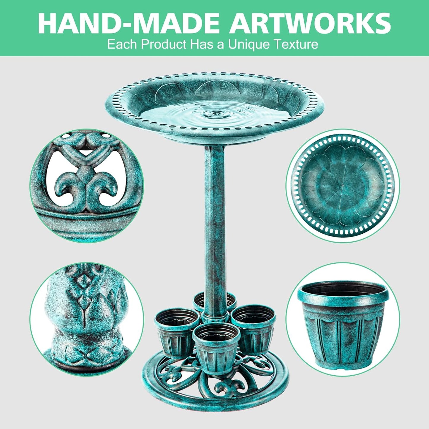 Bird Bath for Outside with 4 Removable Flower Planters 28in Polyresin Lightweight Vintage Birdbath Stake Standing Bowl and Water Feeder Yard Gardan Decor Green