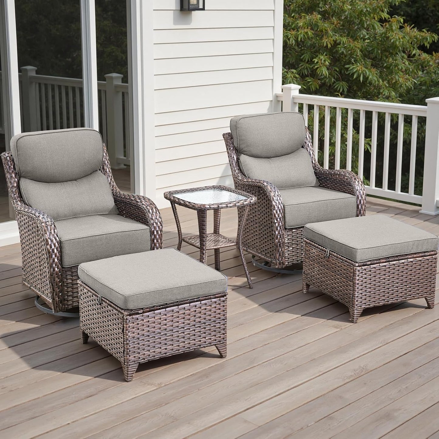 Wicker Outdoor Patio Furniture Set - 5 Piece Patio Conversation Sets with Swivel Rocker Chairs, Ottomans and Side Table, 6 inch Cushions, Waterproof Wicker, for Porch Deck Brown/Beige