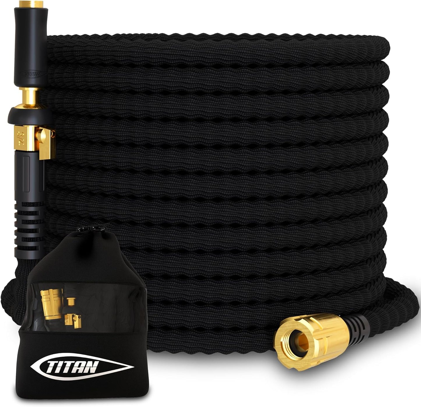 TITAN Flexible Garden Hose 30FT – Ultra Lightweight, Heavy Duty Water Hose with Brass Fittings & Jet Nozzle – Kink-Free, Non-Expanding, Durable Fabric Hose for Yard, Lawn, Car Wash, Outdoor Use