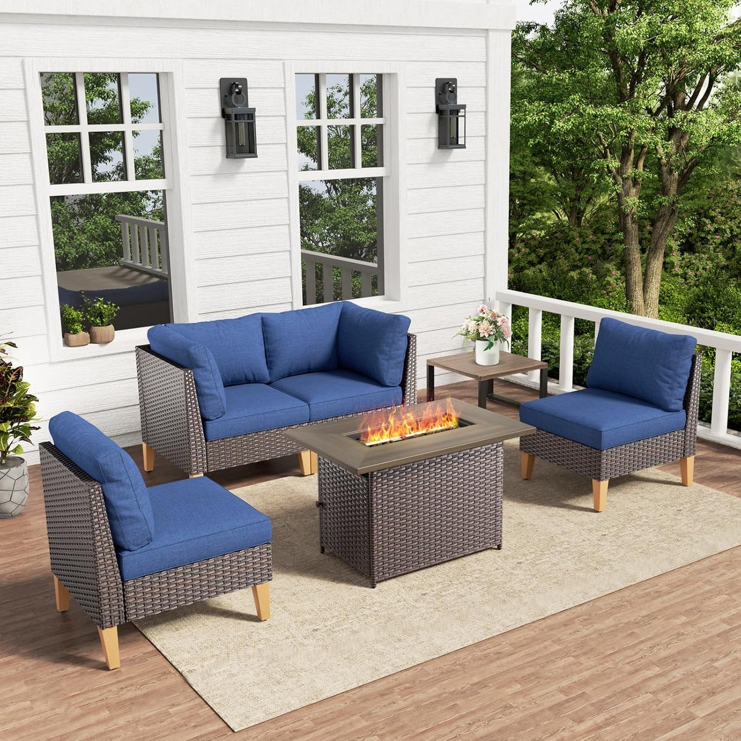 HUMMUH 6 Pieces Patio Furniture Set with Fire Pit,Outdoor Modular Sectional Loveseat Chairs with Table,All Weather PE Wicker Patio Conversation Sets for Deck Porch Backyard