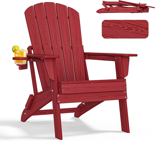 Folding Adirondack Chair with Cup Holder,HDPE All-Weather Patio Chairs,Plastic Outdoor Chairs- Looks Exactly Like Real Wood-Red