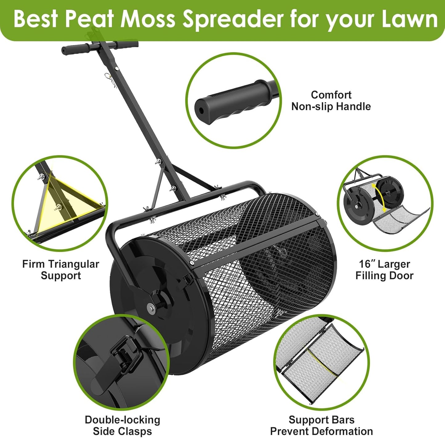 Seeutek Compost Spreader, 24" Peat Moss Spreader with 3 Heights, Top Soil Spreader W/Upgraded Side Latches Support Rod Powder Coated Metal Mesh Top Dressing Spreader for Lawn, 2 Way Uses-Push or Tow