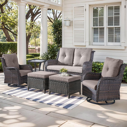 Outdoor Wicker Patio Furniture Set - 6 Piece Rattan Patio Conversation Set with 2 Rocking Swivel Chairs,2 Ottomans,1 Loveseat and 1 Side Table for Porch Deck Backyard Garden(Brown/Grey)