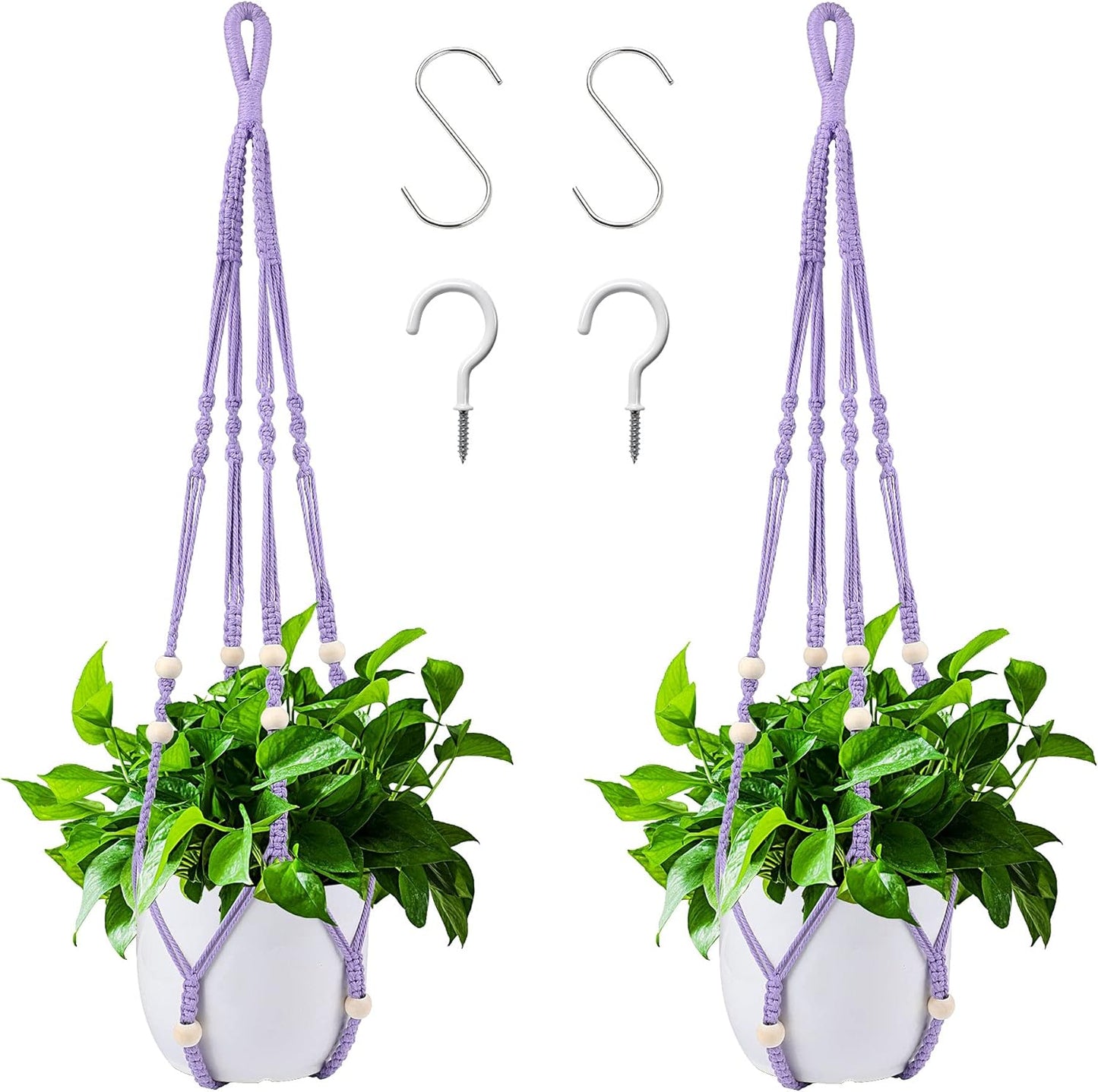 Augshy Macrame Hanging Planter, Hanging Planters for Indoor Outdoor Home Decor, Hanging Plant Holder No Tassels Set of 2 with 4 Hooks