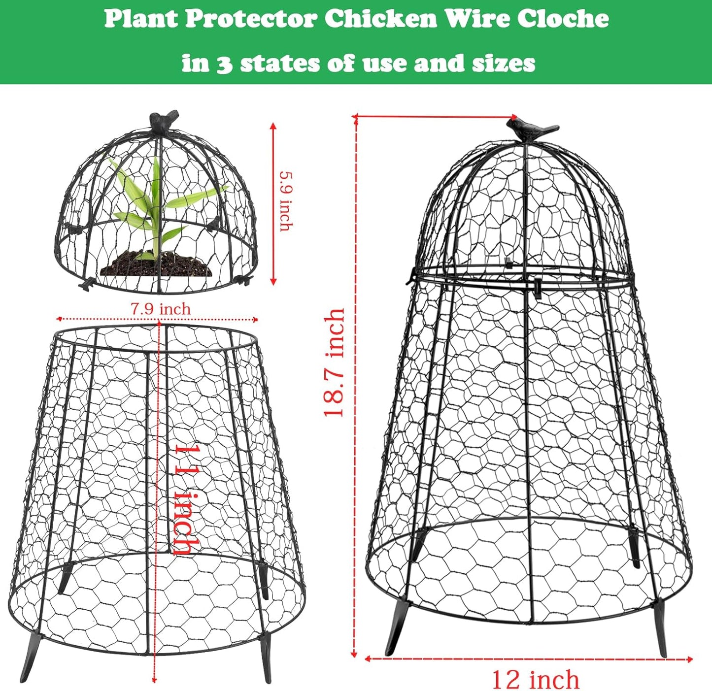 Plant Protector Chicken Wire Cloche 8 PCS, Plant Protectors from Animals, 18.7×12 Inch Large Garden Cloches for Plants, Sturdy 2-in-1 Cloche Dome for Plants, Plant Protectors for Easy Pruning