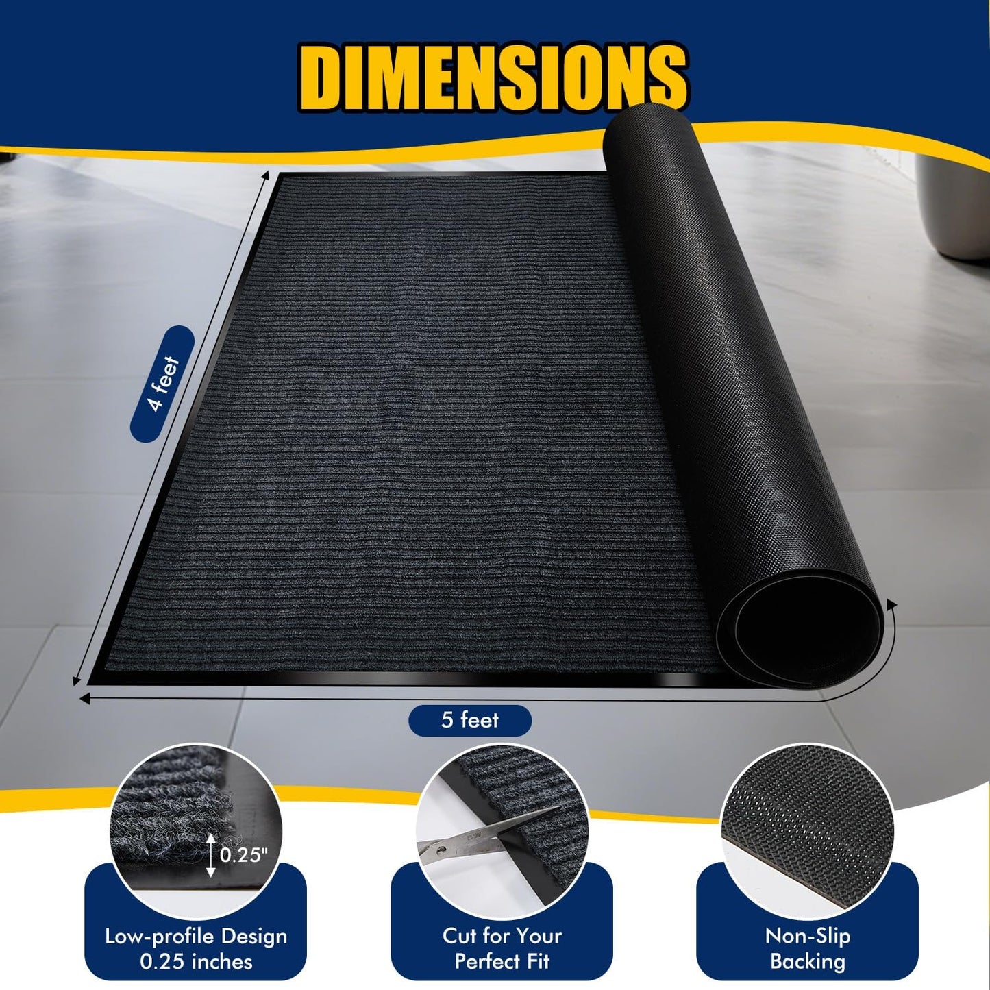 Extra Large Indoor/Outdoor Entrance Mat - 4 x 5 Feet, Rubber Border Door Mat Heavy Duty, Waterproof, Low-Profile, Easy to Clean, Rubber Entry Mat,Commercial Floor Mat, Charcoal Grey